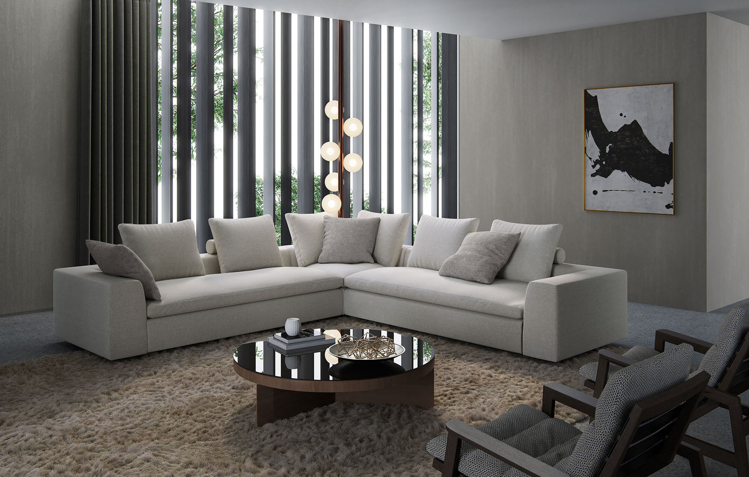 A white, three-piece sectional couch in a modern living room.
